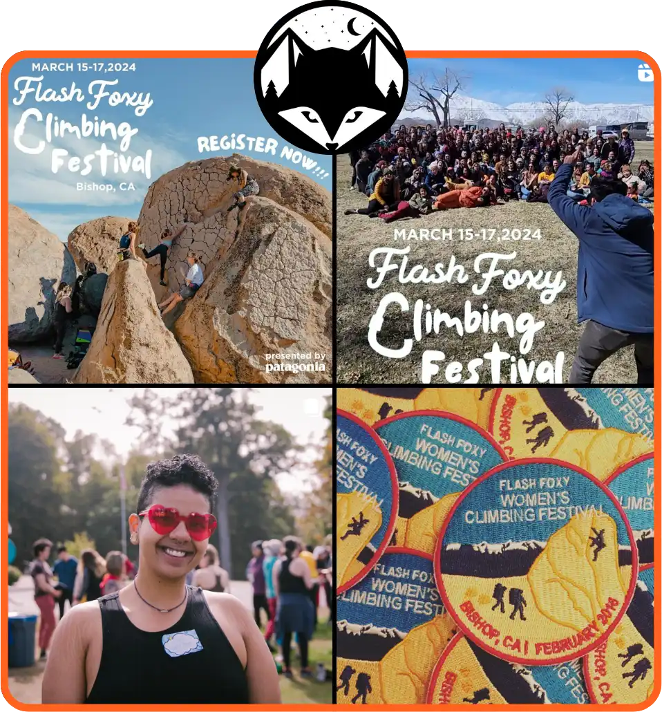 collage of four photos in square layout capturing festivities at the Flash Foxy climbing festival in Bishop CA